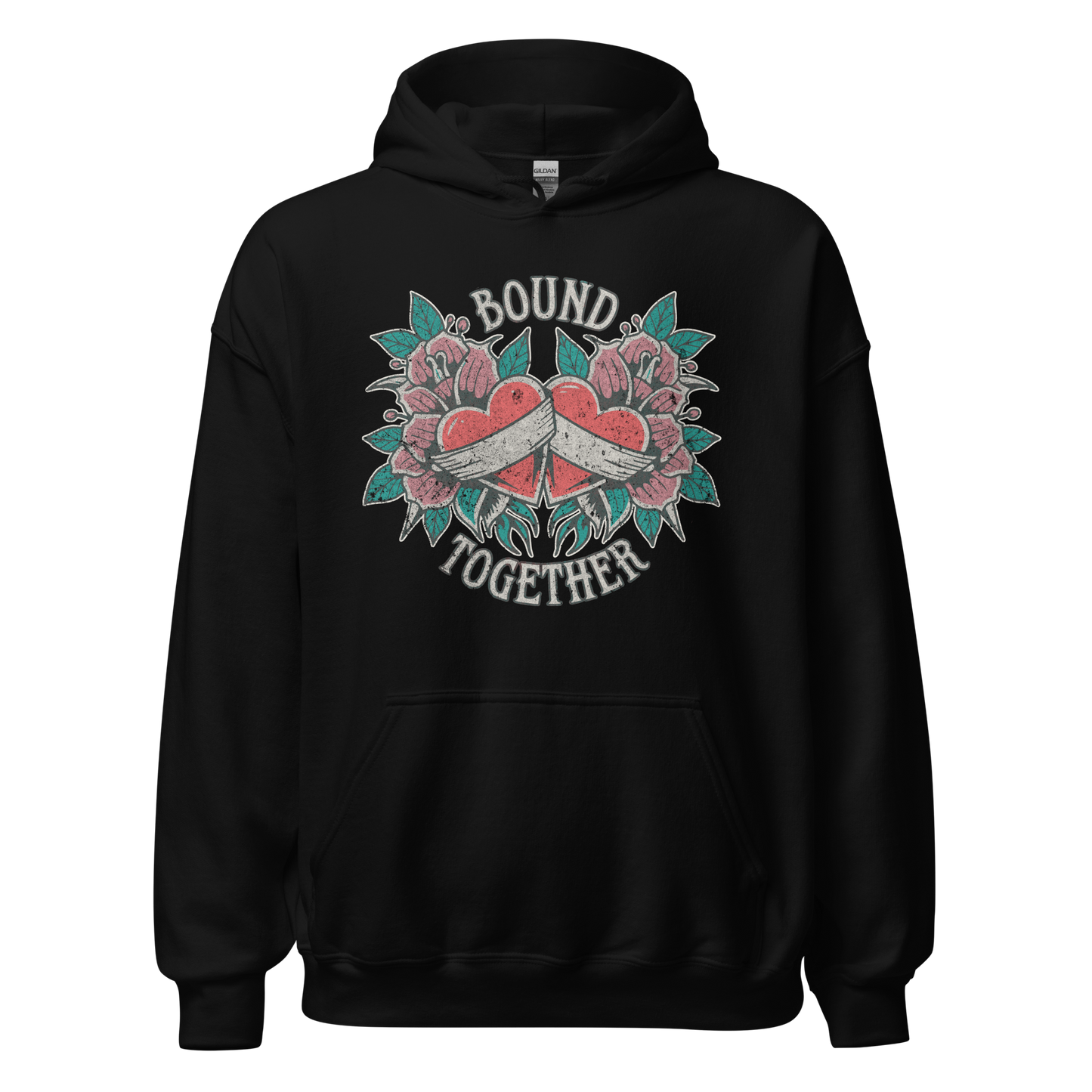 A Vintage Tattoo Inspired Design Featuring two red hearts wrapped together with a white ribbon, surrounded by pink flowers and green leaves in a symmetrical layout. The words 'BOUND' and 'TOGETHER' are displayed in bold, vintage-style serif typography above and below the hearts. The design is mocked up on a black Gildan 18500 Hoodie.