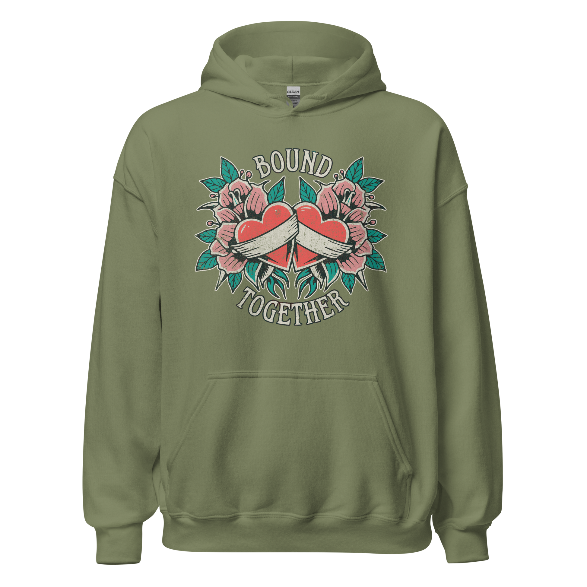 A Vintage Tattoo Inspired Design Featuring two red hearts wrapped together with a white ribbon, surrounded by pink flowers and green leaves in a symmetrical layout. The words 'BOUND' and 'TOGETHER' are displayed in bold, vintage-style serif typography above and below the hearts. The design is mocked up on a military green gildan 18500 hoodie.