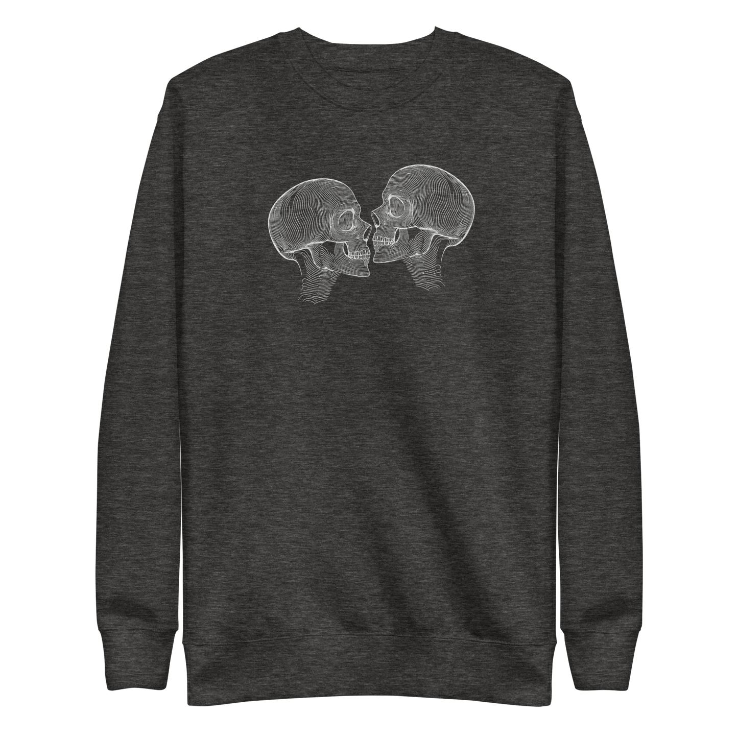 "Counterparts" design featuring two mirrored skulls with intricate white linework, symbolizing duality and connection, placed on a gray sweater for a minimalist look.