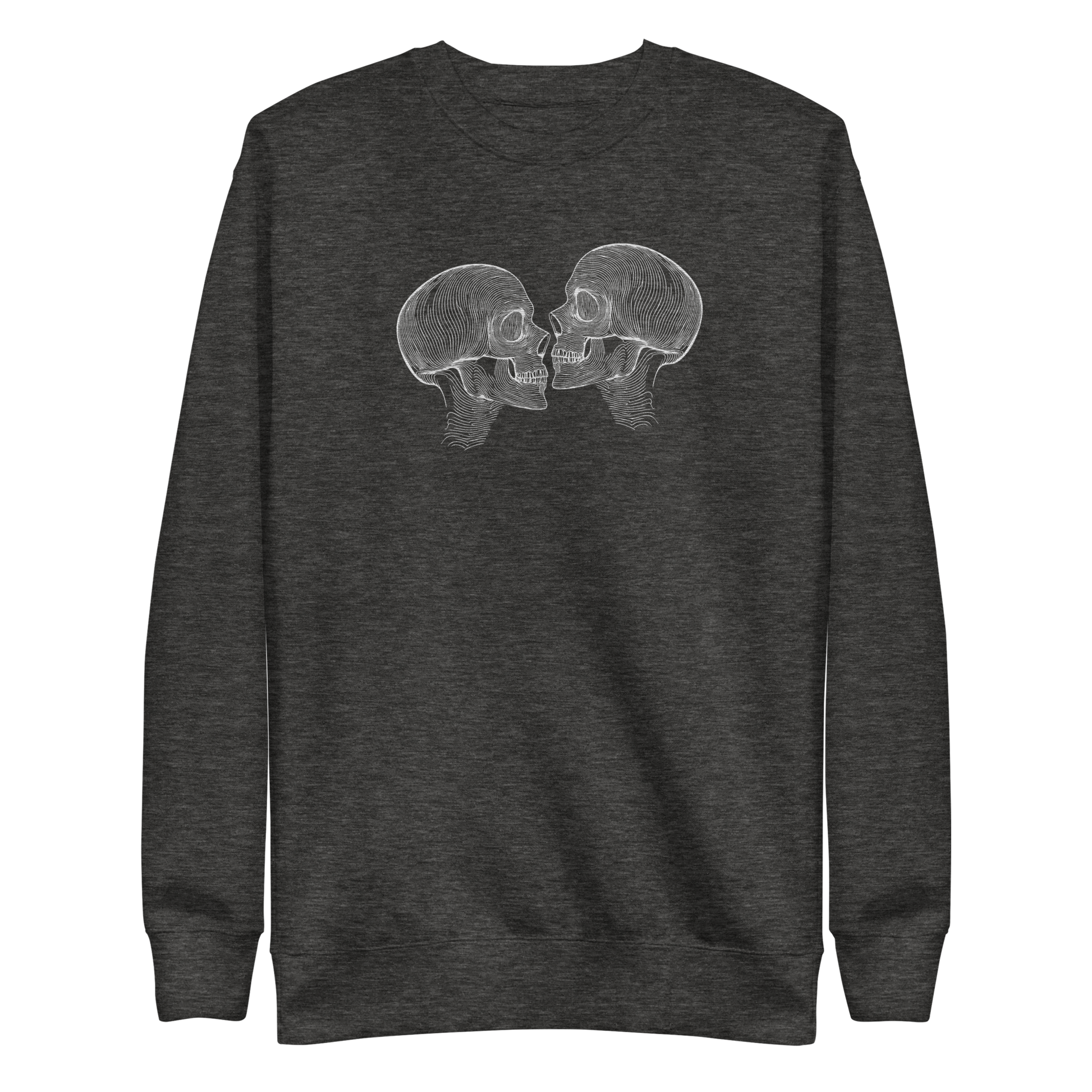 "Counterparts" design featuring two mirrored skulls with intricate white linework, symbolizing duality and connection, placed on a gray sweater for a minimalist look.