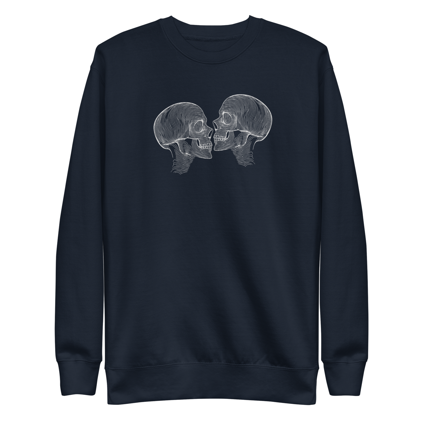 "Counterparts" design featuring two mirrored skulls with intricate white linework, symbolizing duality and connection, placed on anavy sweater for a minimalist look.