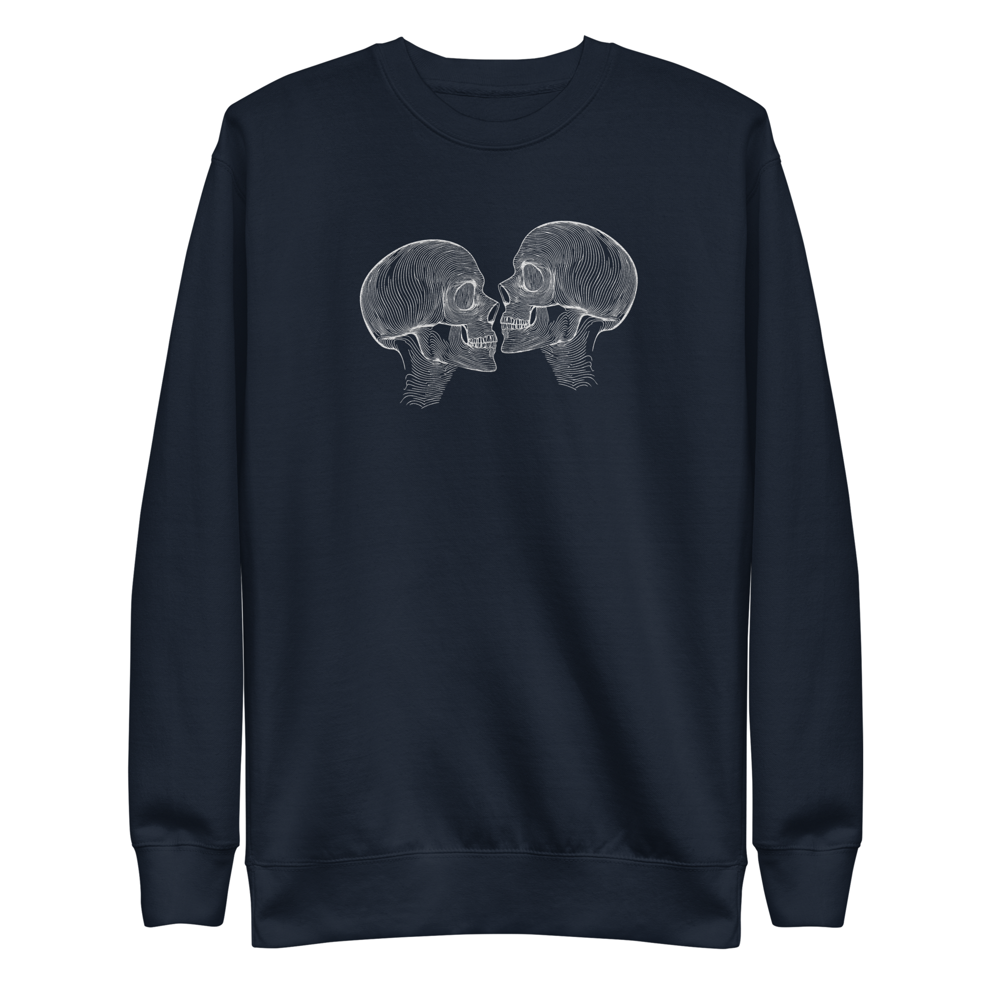 "Counterparts" design featuring two mirrored skulls with intricate white linework, symbolizing duality and connection, placed on anavy sweater for a minimalist look.