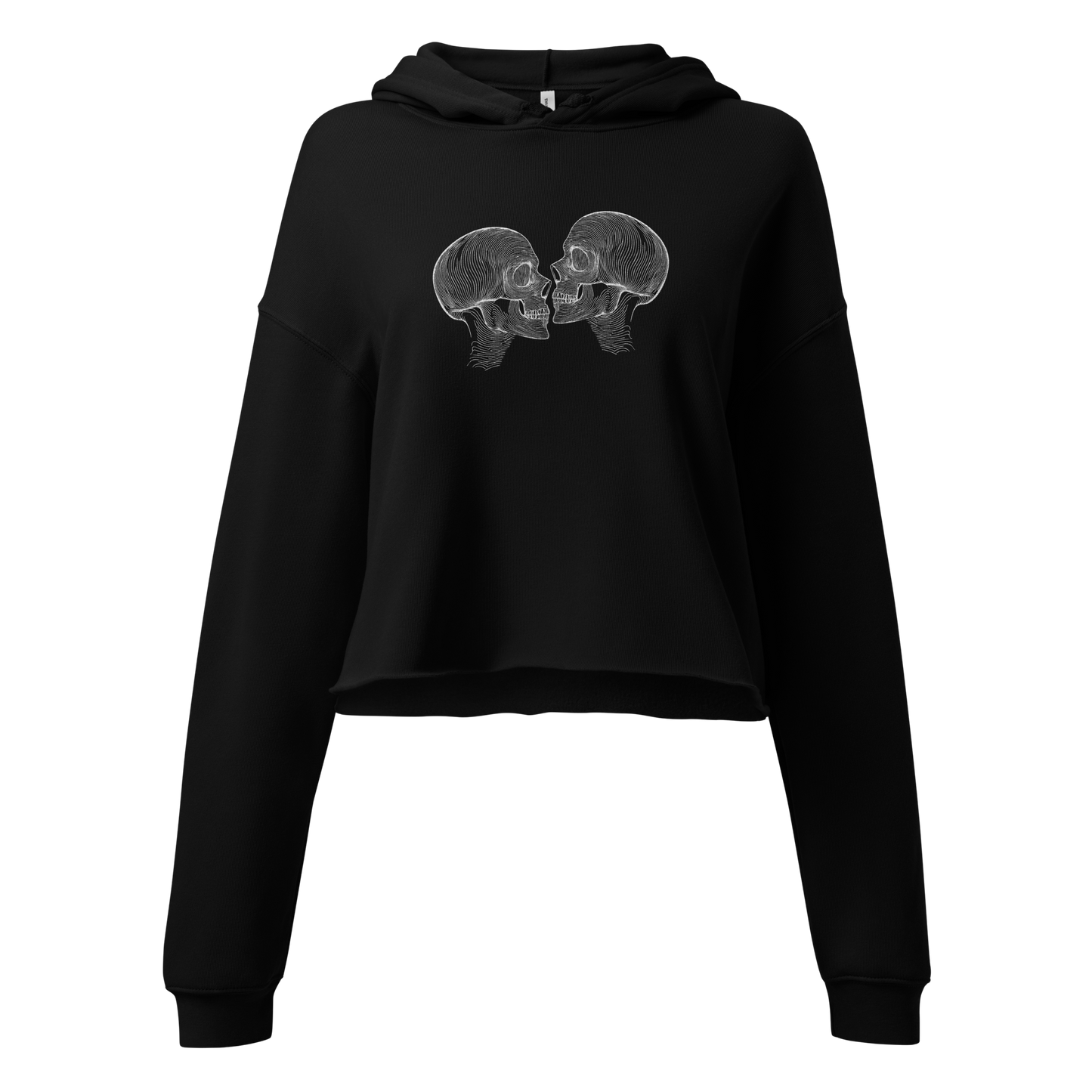 "Counterparts" design featuring two mirrored skulls with intricate white linework, symbolizing duality and connection, placed on a black cropped hoodie for a minimalist look.