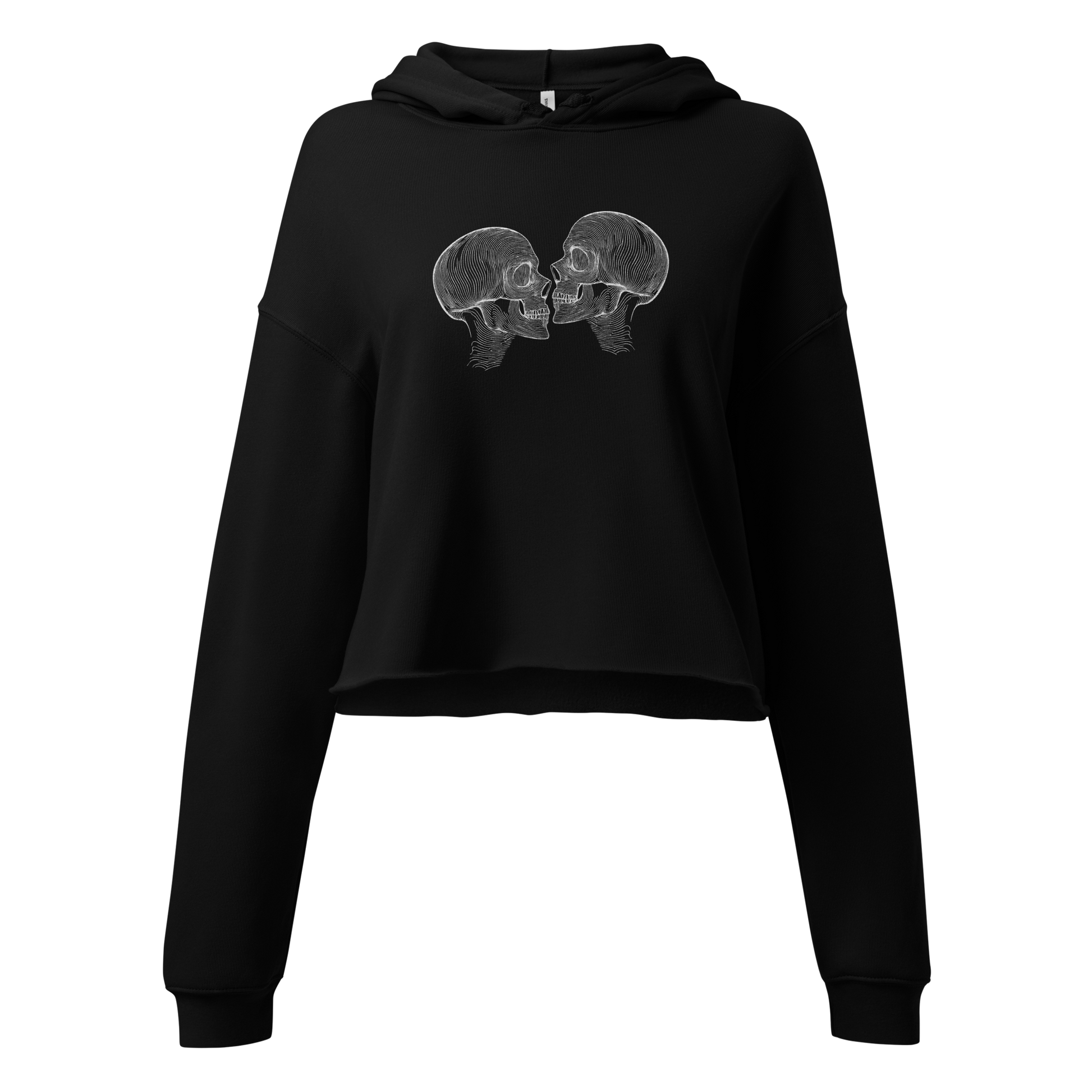 "Counterparts" design featuring two mirrored skulls with intricate white linework, symbolizing duality and connection, placed on a black cropped hoodie for a minimalist look.