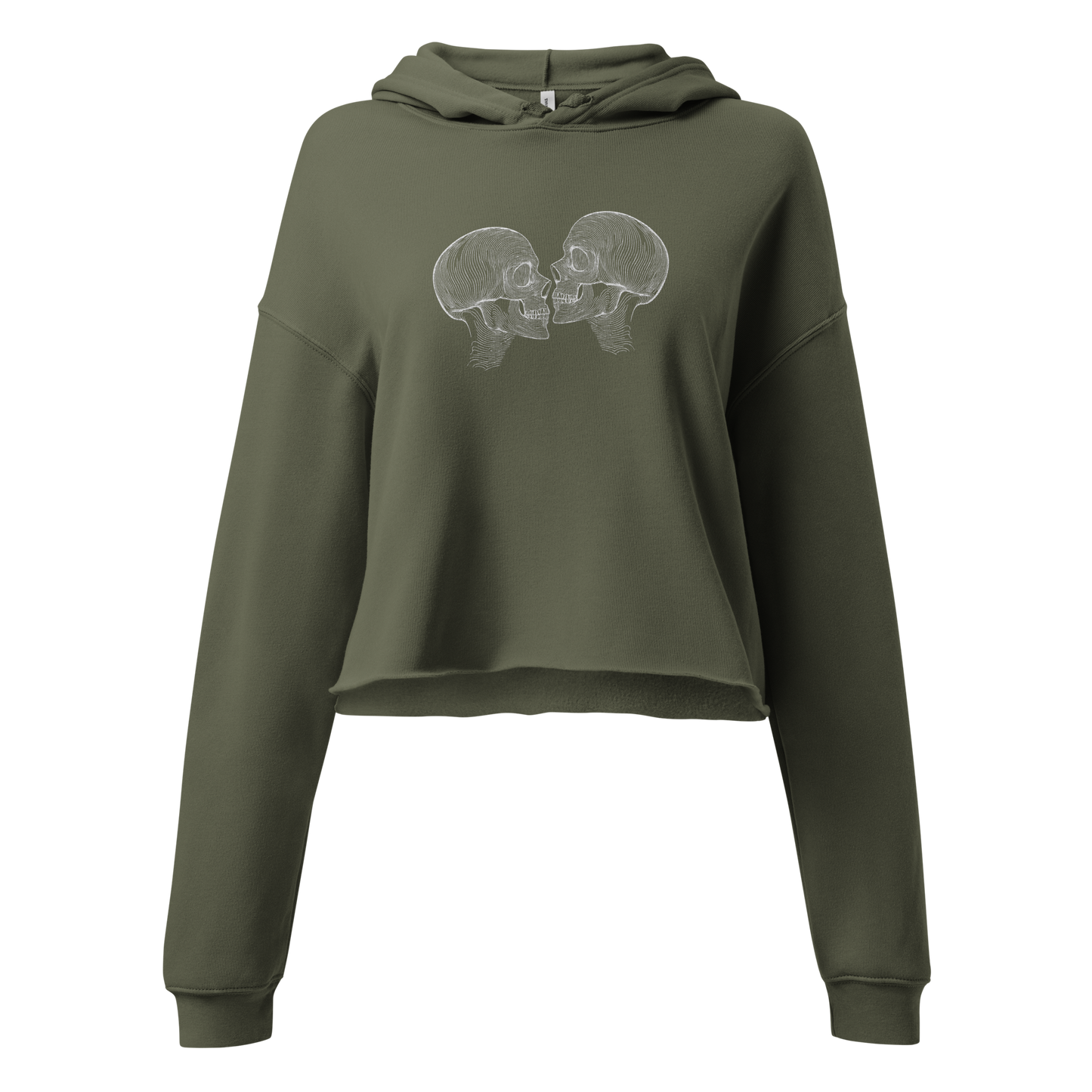 "Counterparts" design featuring two mirrored skulls with intricate white linework, symbolizing duality and connection, placed on a green cropped hoodie for a minimalist look.