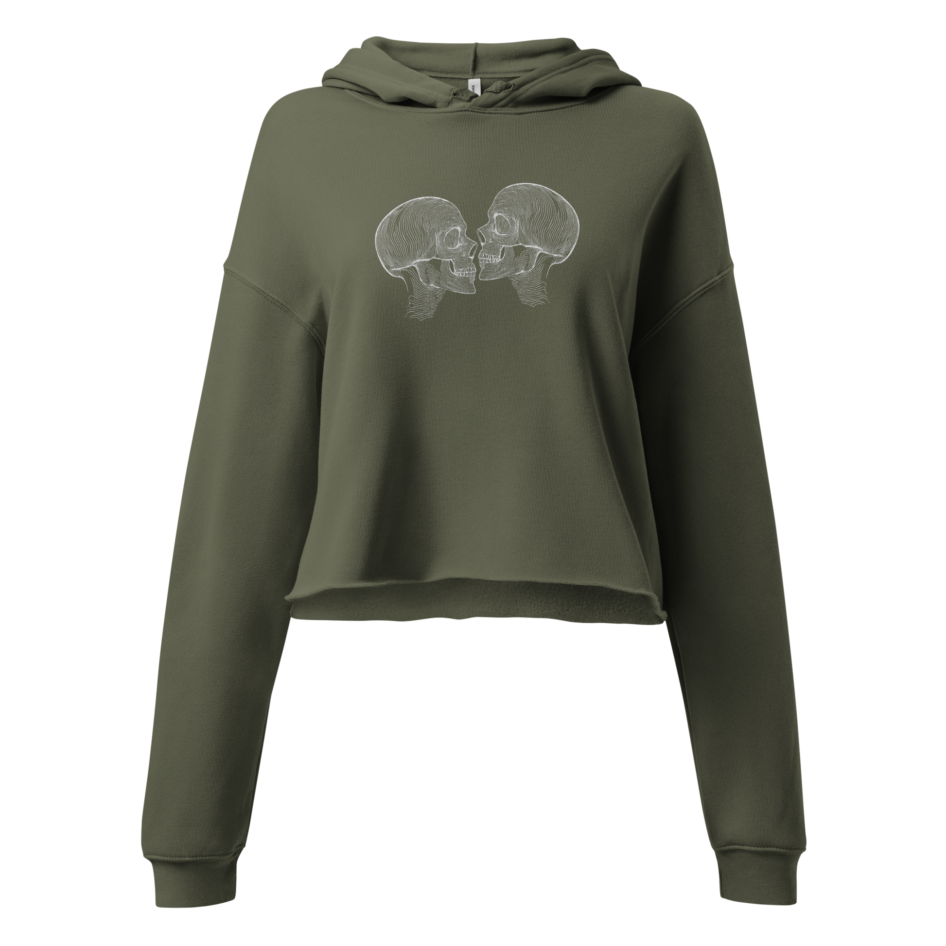 "Counterparts" design featuring two mirrored skulls with intricate white linework, symbolizing duality and connection, placed on a green cropped hoodie for a minimalist look.